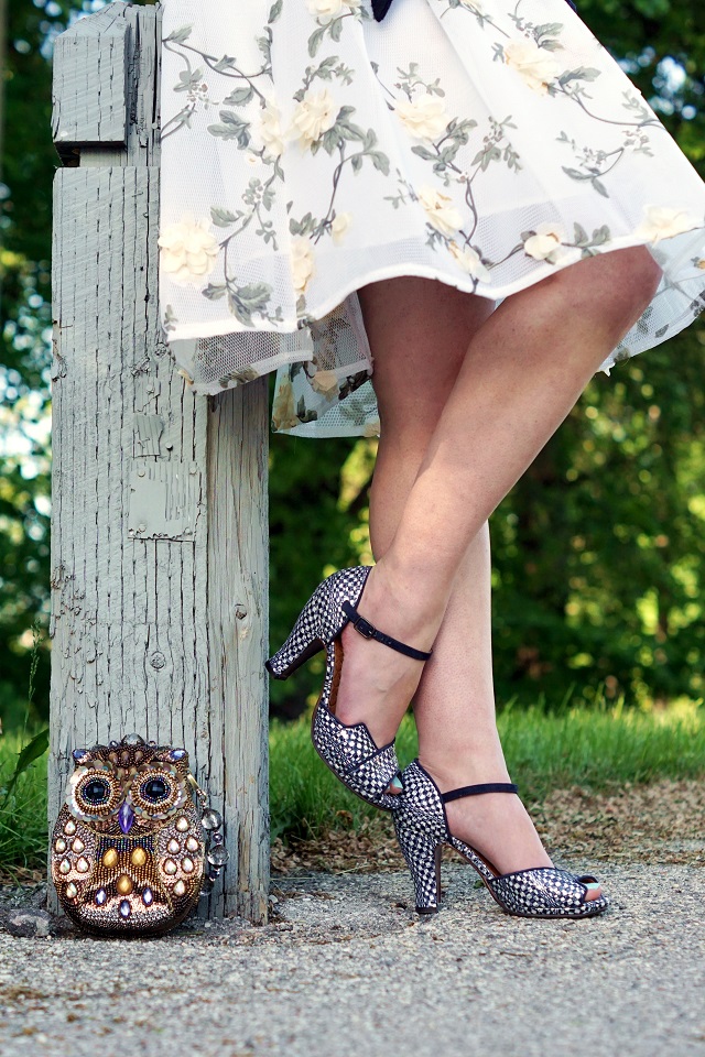 Winnipeg Style, Chicwish bloom floral embellished mesh skirt, Mary Frances owl night vision beaded handbag, Chie Mihara navy Fan patent leather suede sandals, Aldo Accessories necklace, Kate Spade glasses bangle bracelet